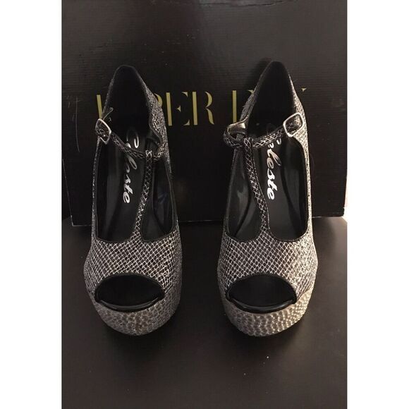 NIB~Black/Silver & Rhinestone Open Toe Strappy Cut Out Heel Shoes - Picture 2 of 6